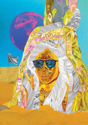 Zu sehen ist ein Porträt mit einem goldenen Mann mit Sonnenbrille vor einer surrealen Landschaft.