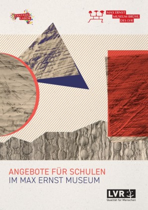 Cover des Programmheftes für Schulen und Kitas, darauf eine Abbildung einer Schülergruppe vor einer Max Ernst Plastik 