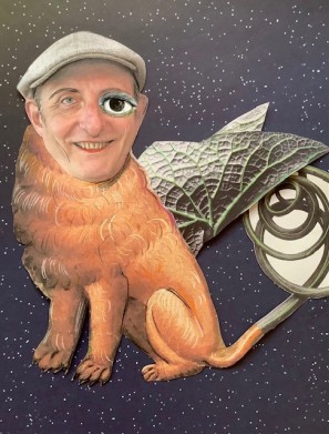 Eine Collage mit Löwenkörper, Menschenkopf und Pflanzenteilen.
