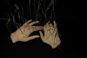 Objekt mit zwei Händen aus ausgestopftem Stoff, durchstochen von Grashalmen.