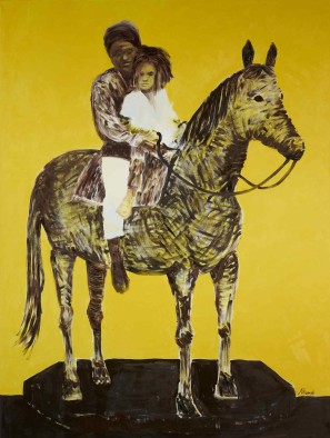 Ein Mann und ein Kind auf einem Pferd.