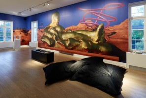 An exhibition view with beanbags