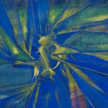 Die Abbildung zeigt ein in D-painting von Max Ernst, ein Ölgemälde in den Farben blau, gelb und grün 