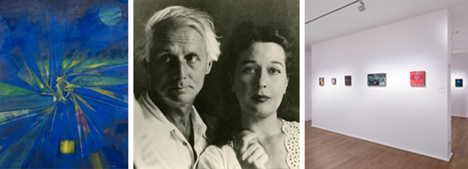 Drei Abbildungen der Ausstellung: Links ein Werk von MAx Ernst, in der Mitte eine Fotografie von Max Ernst und Dorothea Tanning, rechts eine Ausstellungsansicht 