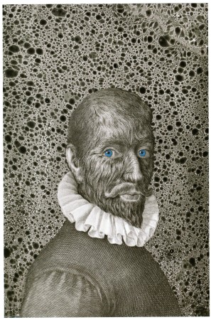 Hirsute Motiv, schwarz-weiße Collage, Mann mit behaartem Gesicht und blauen Augen auf marmoriertem Hintergrund