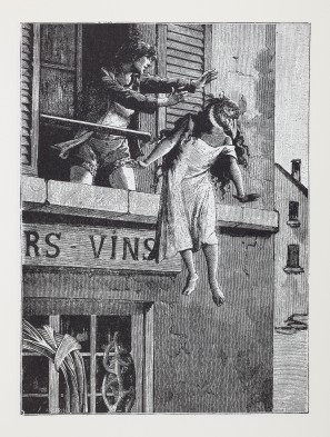 Ein Werk von Max Ernst, in dem ein Mann eine Frau mit Vogelkopf aus einem Fenster stößt